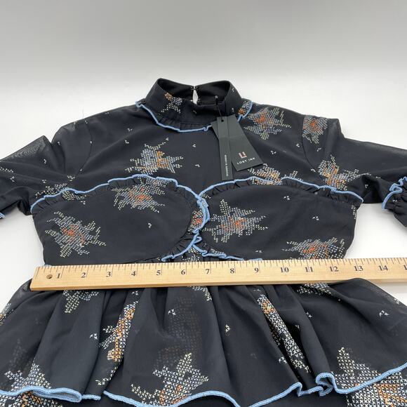 New LOST INK Patterned Ruffle Bell Sleeve Chiffon Dress Womens Sz XXS - Picture 6 of 7